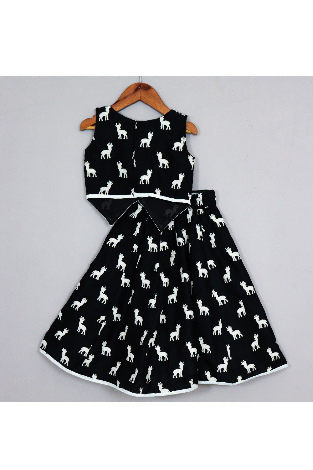 Black And White Deer Embroidered Silk Top With Lehenga Set