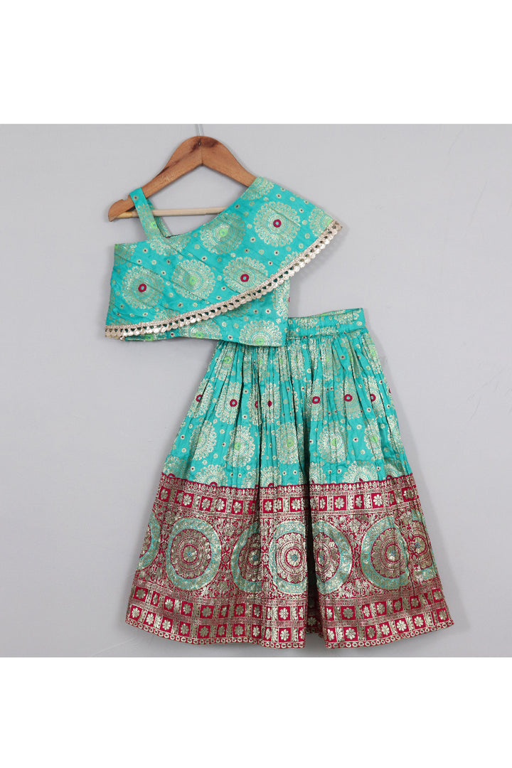Blue Brocade And Lace Detailing One Shoulder Top With Lehenga Set