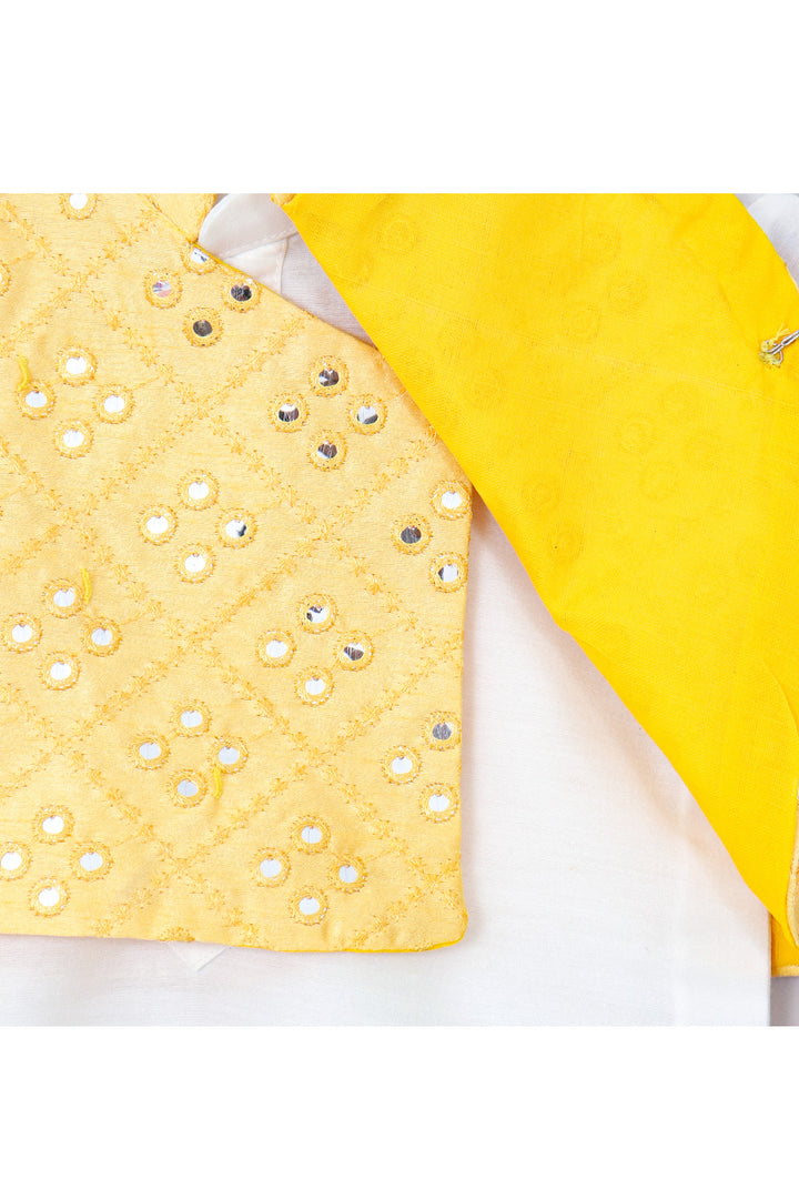 White Cotton Silk Kurta With Yellow Faux Mirror Embroidered Jacket Set