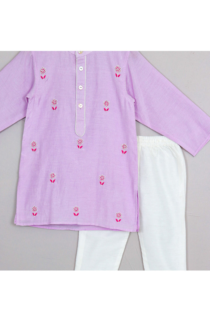 Purple Floral Embroidered Cotton Silk Kurta With Pyjama Set