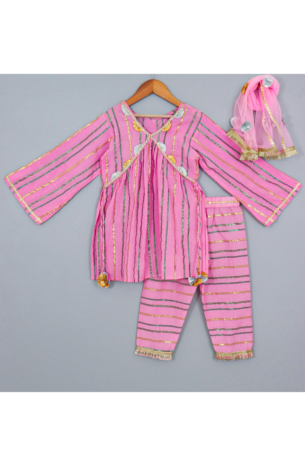 Pink Gota And Lace Detailing Kurta With Pant And Dupatta Set