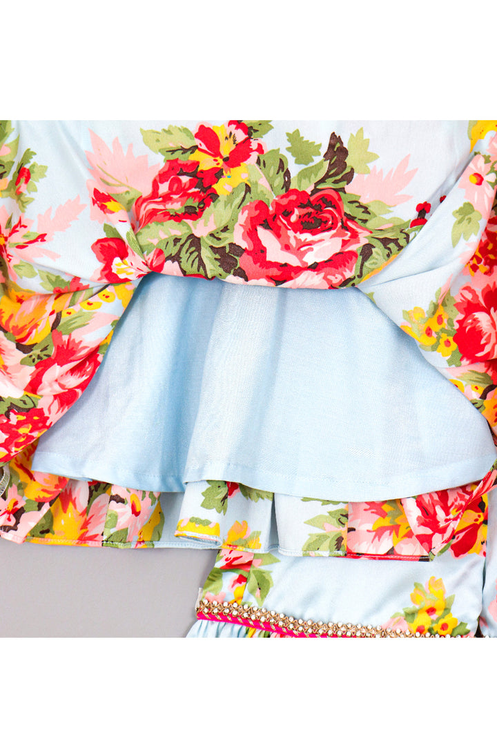 Aqua Blue Floral Printed Peplum Style Top With Sharara Set