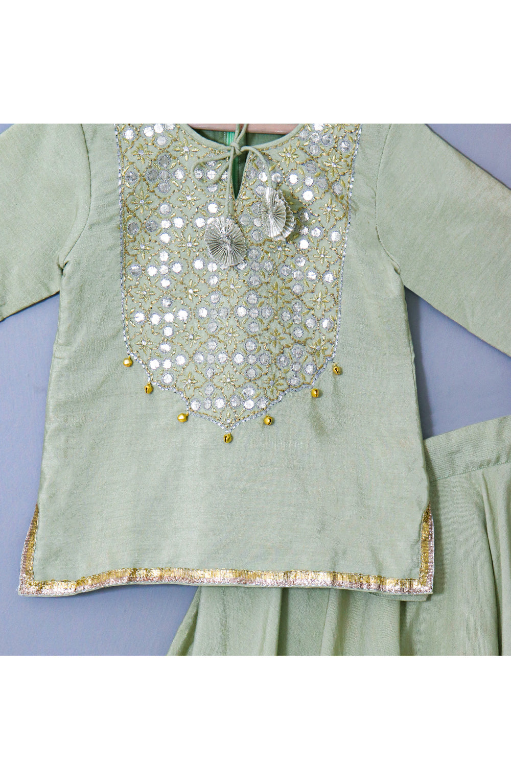 Green Embroidered Cotton Silk Long Top With Gota Patti Detailing Lehenga Set