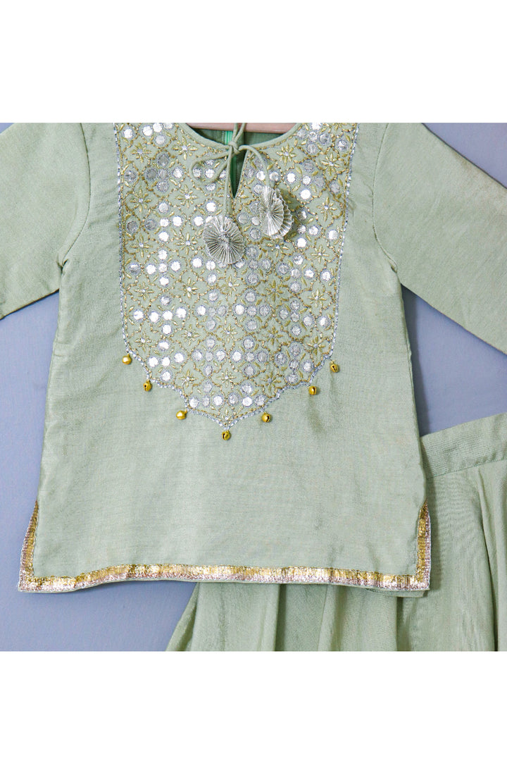 Green Embroidered Cotton Silk Long Top With Gota Patti Detailing Lehenga Set