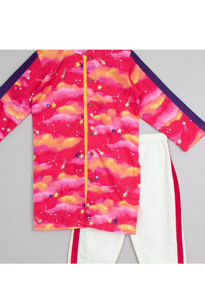 Golden Cloud And Stars Embroidered Cotton Satin Kurta With Pyjama Set