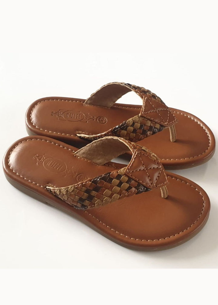 Tan and multi braided thong sandals