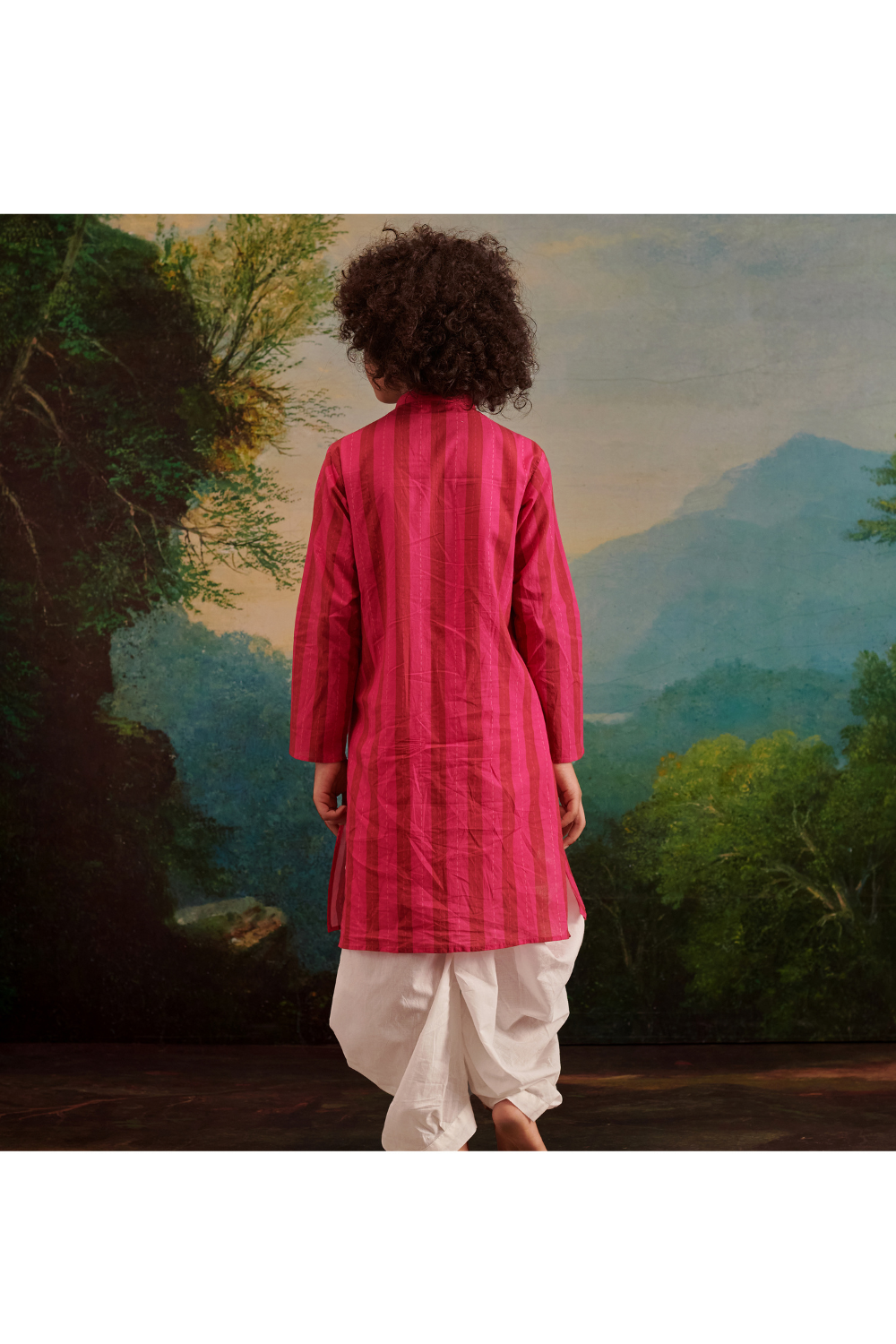Hot Pink Cotton Strips Printed Kurta With Dhoti Set