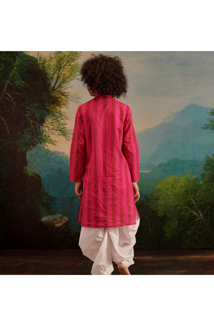 Hot Pink Cotton Strips Printed Kurta With Dhoti Set