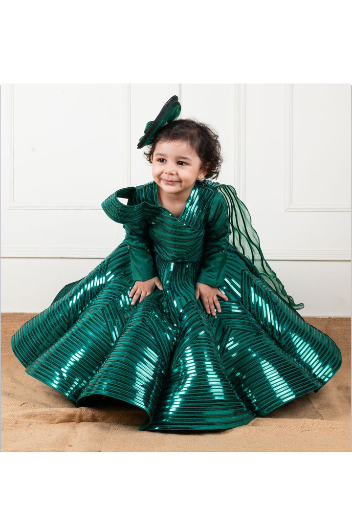 Green Silk Organza Mettalic Lace Gown With Hair Accessory
