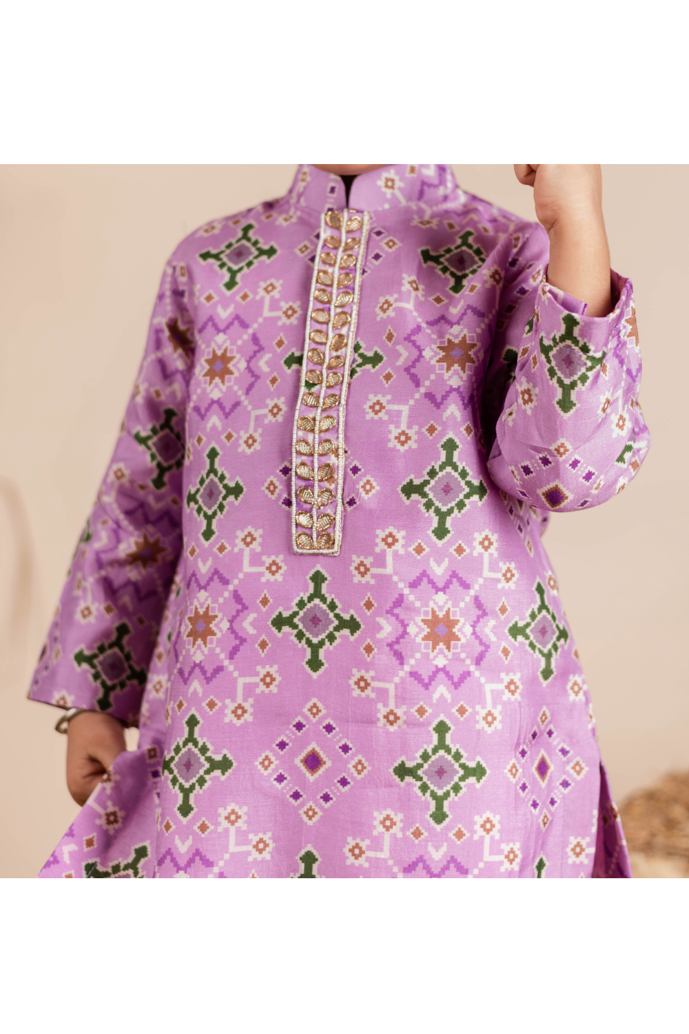 Ikkat Printed Silk Kurta With Churidar Set