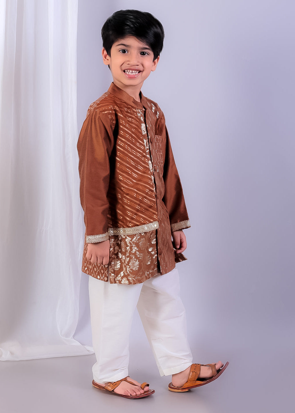 Brown Chanderi Panel Kurta With Pyjama Set