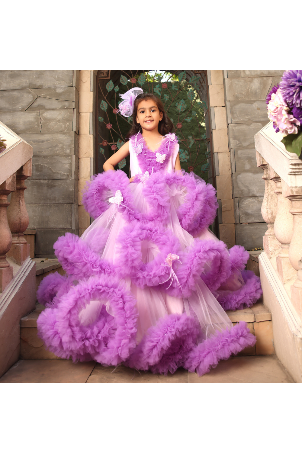 Purple Butterflies Embellished Ruffled Net Gown