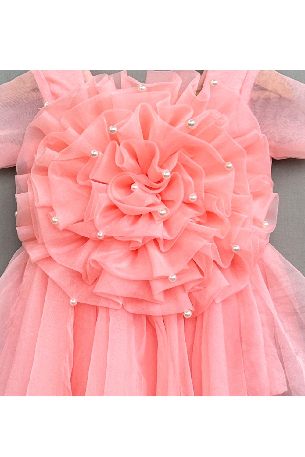 Peach Blossom Ruffle Tulle Cape Sleeves Dress
