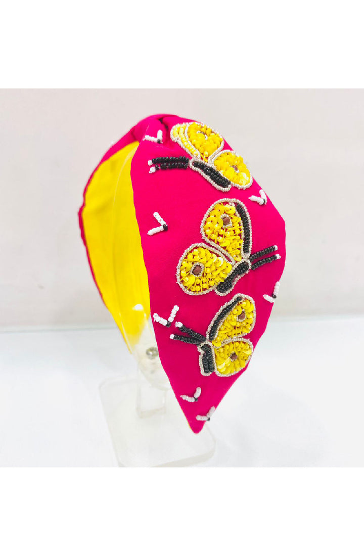 Pink And Yellow Butterfly Embroidered Hairband