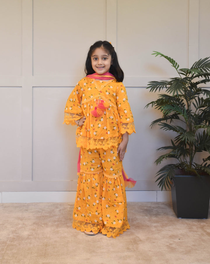Mustard Yellow Printed Kurti Sharara With Dupatta Set