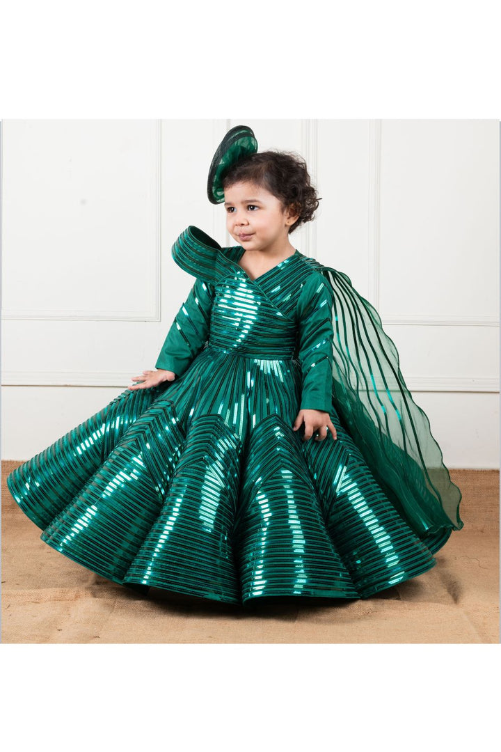 Green Silk Organza Mettalic Lace Gown With Hair Accessory