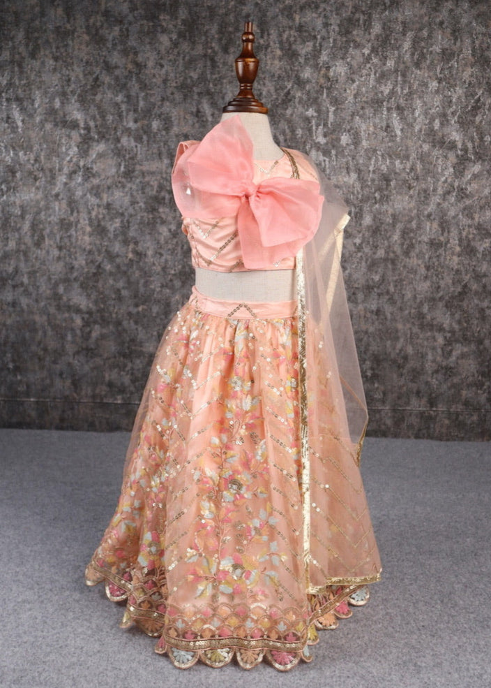 Multicolor Embroidered Organza Bow Embellished Top And Lehenga Set