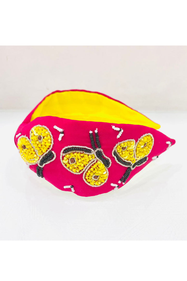 Pink And Yellow Butterfly Embroidered Hairband