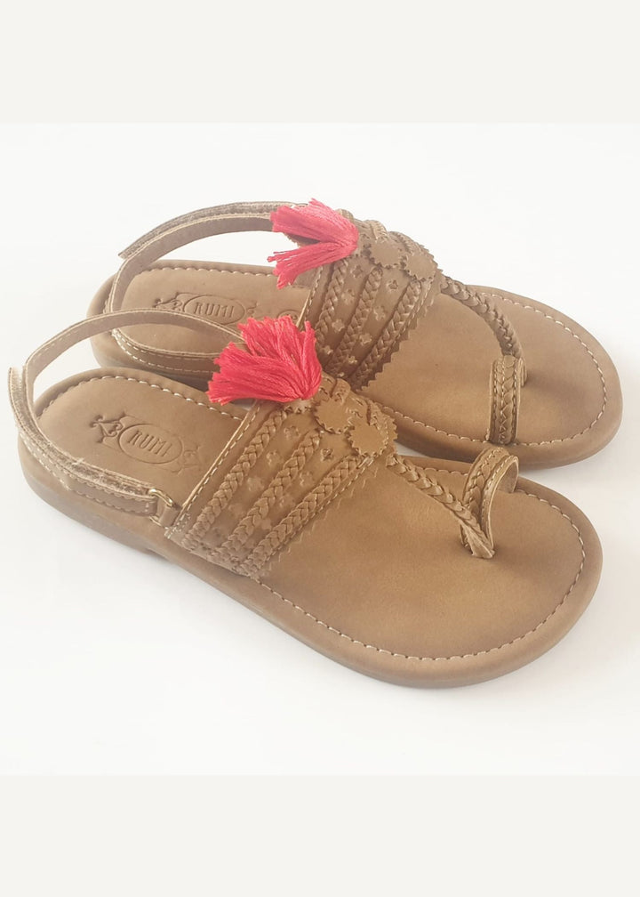 Red pom pom cushioned kolhapuri with backstrap