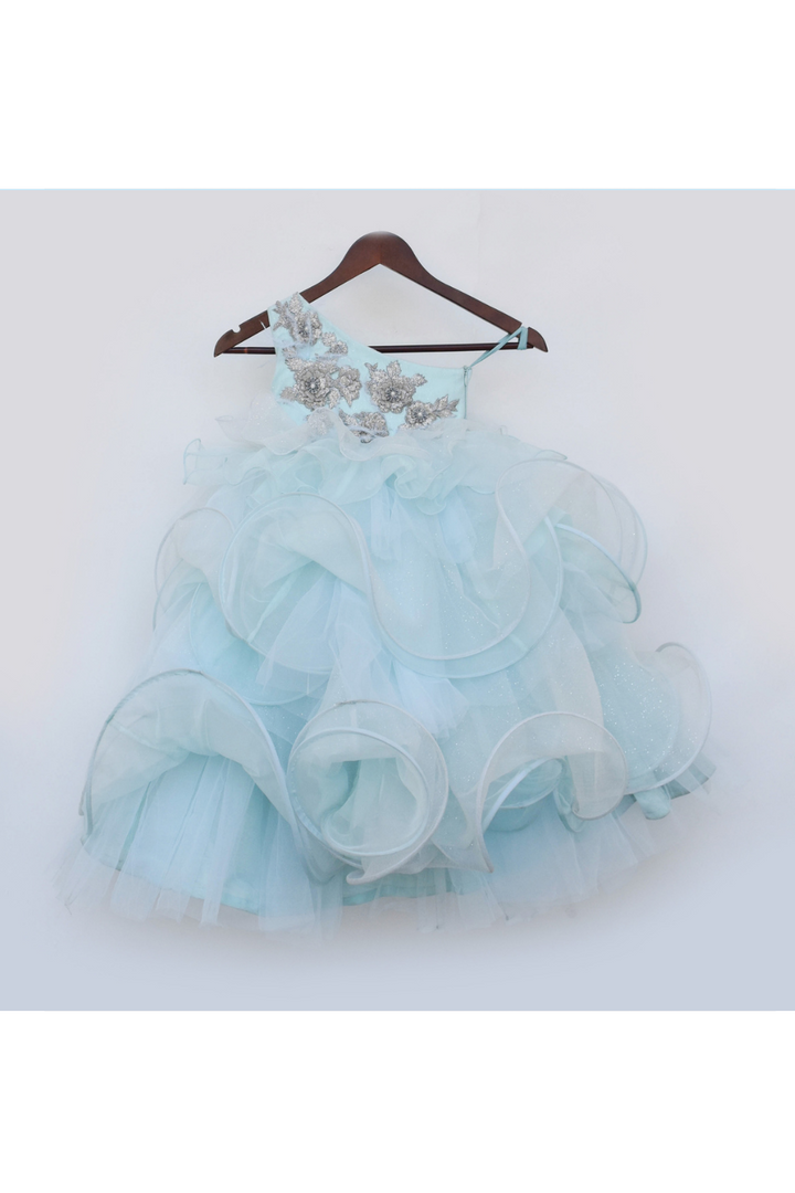 Powder Blue Floral Embroidered One Shoulder Layered Gown