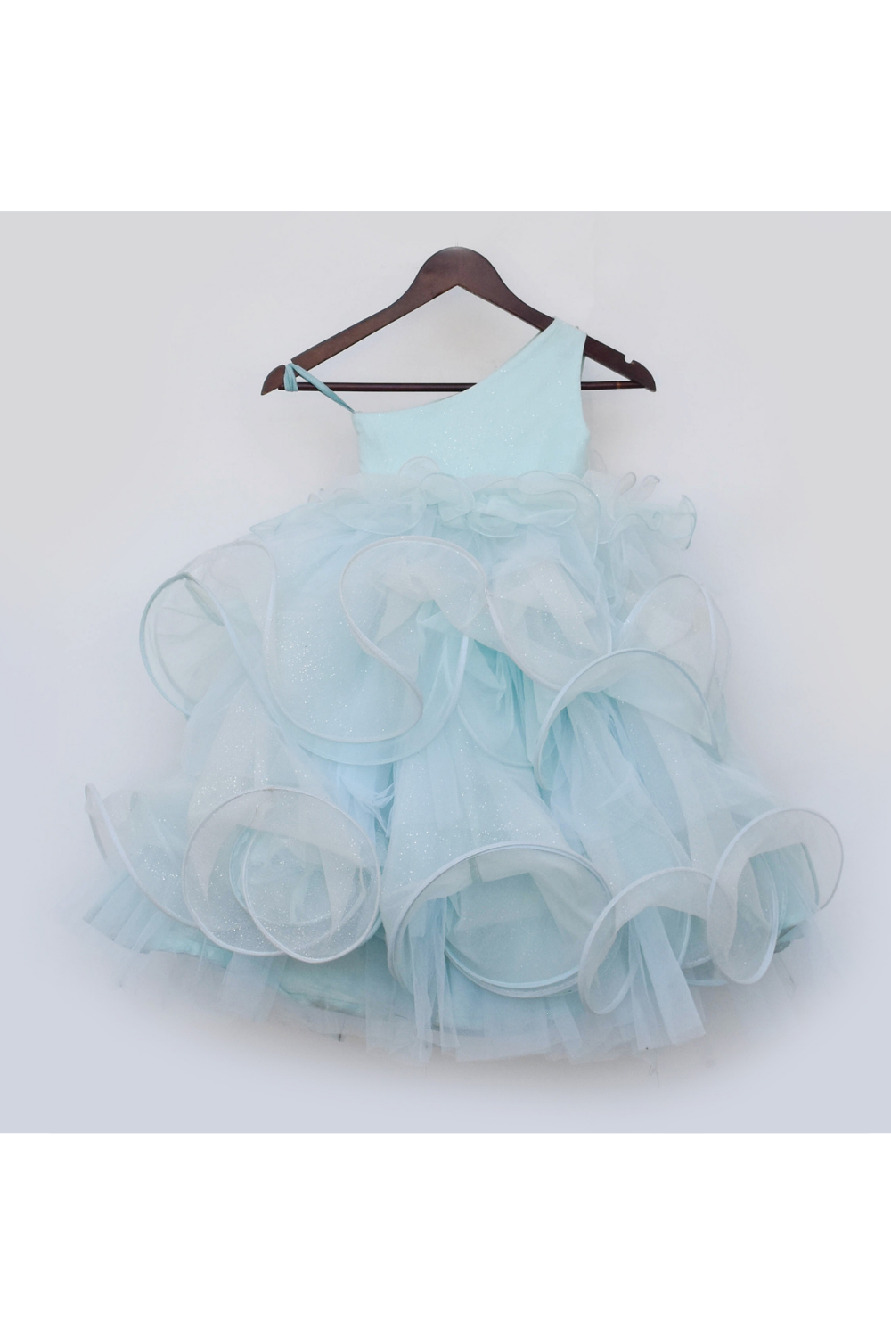 Powder Blue Floral Embroidered One Shoulder Layered Gown