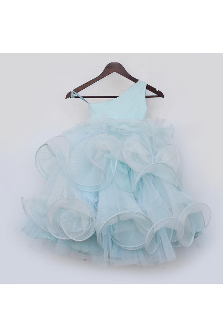 Powder Blue Floral Embroidered One Shoulder Layered Gown