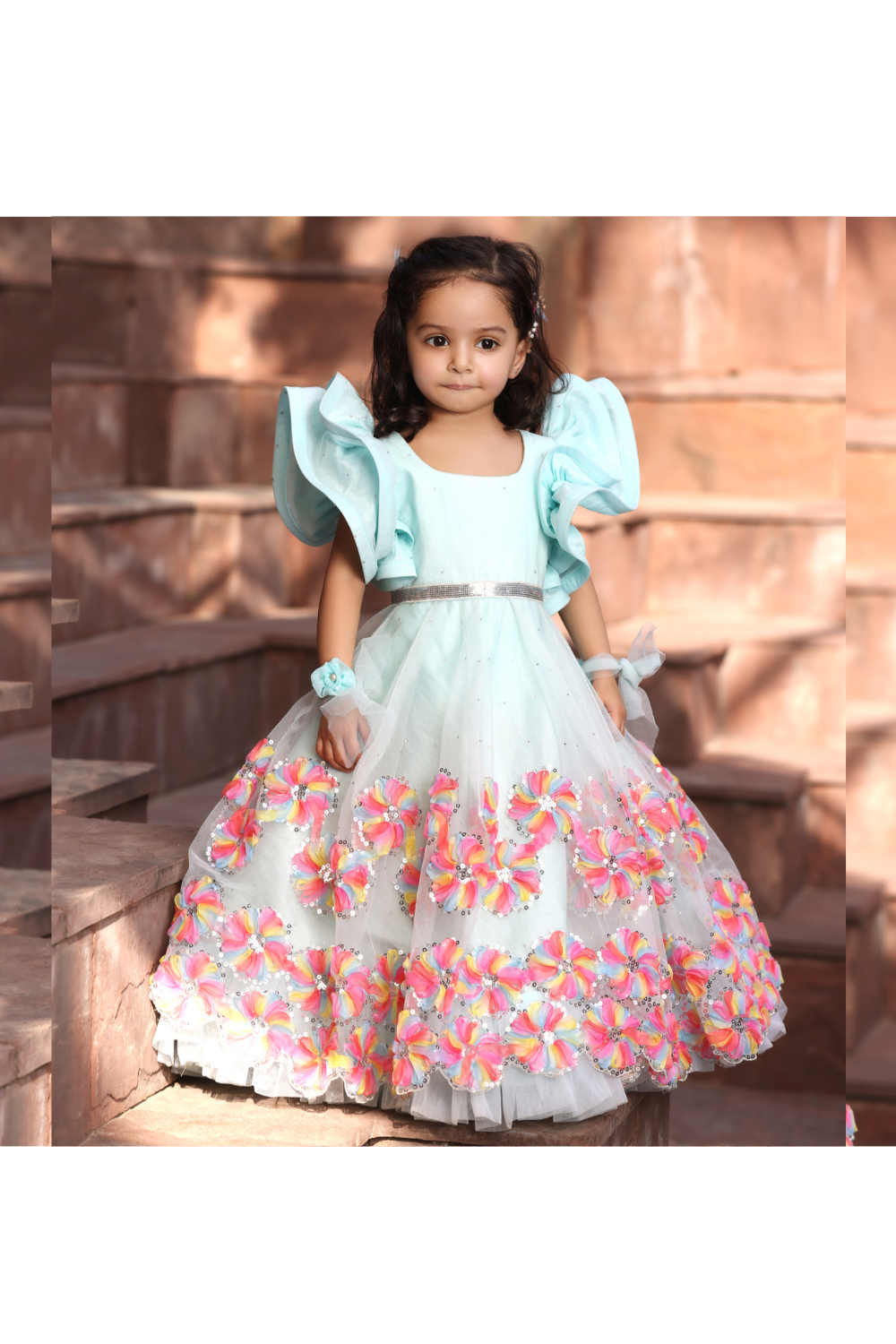 Aqua Blue Sequined Flower Embellished Organza Gown