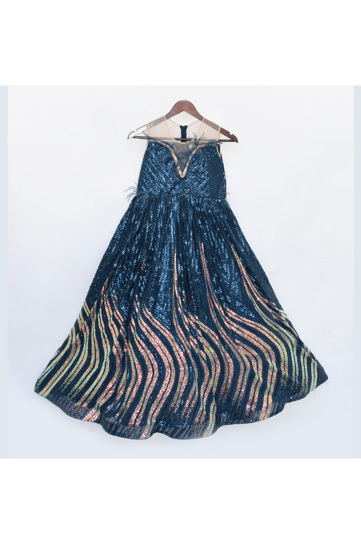 Teal Blue Feathers And Sequins Embellished Net Gown