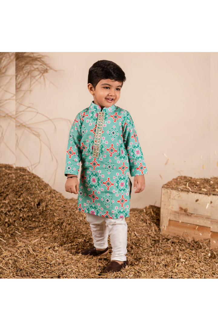 Ikkat Printed Silk Kurta With Churidar Set