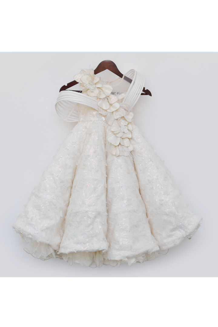 Off-White Pearls And Feathers With Butterfly Embellished Gown
