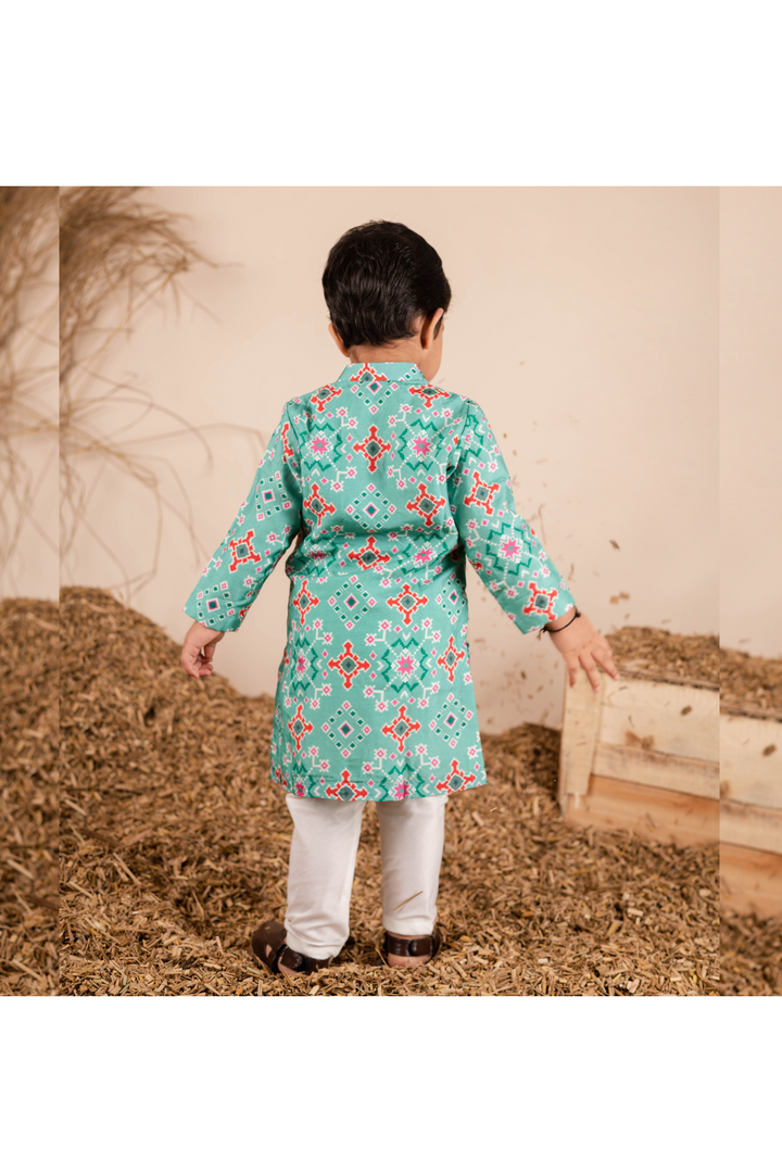 Ikkat Printed Silk Kurta With Churidar Set