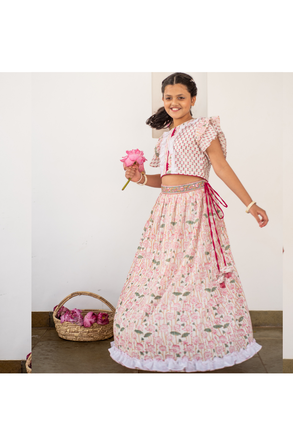 White And Pink Lotus Printed Frilled Crop Top With Lehenga Set