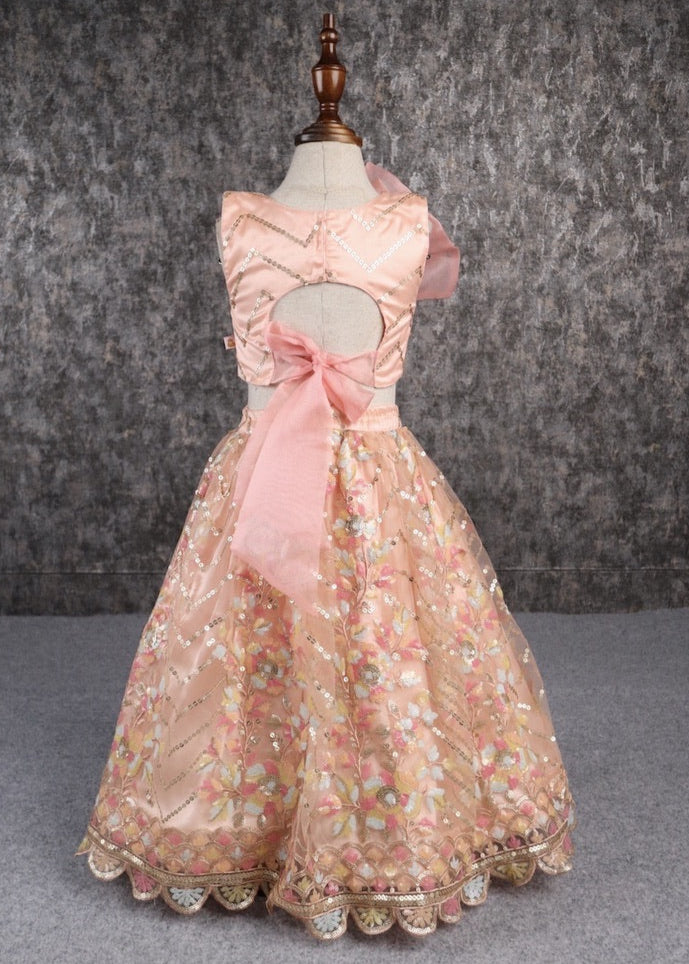 Multicolor Embroidered Organza Bow Embellished Top And Lehenga Set