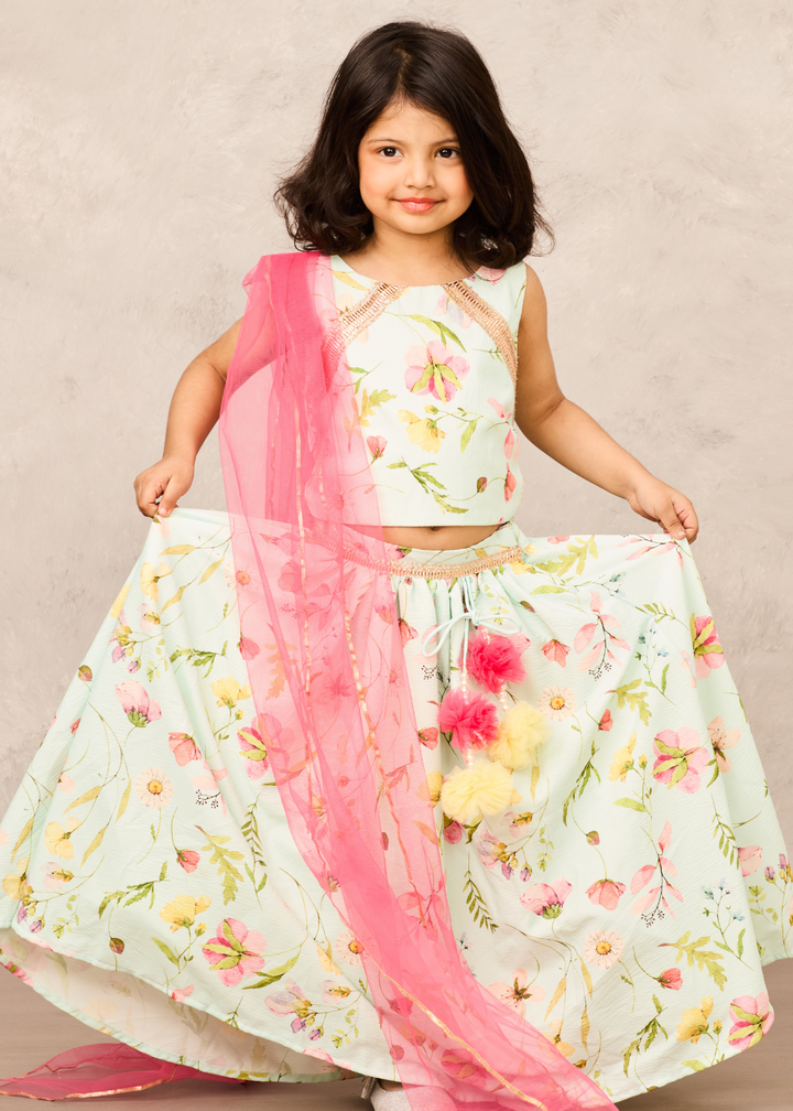 Pista green Floral Exquisite Top And Lehenga With Dupatta Set