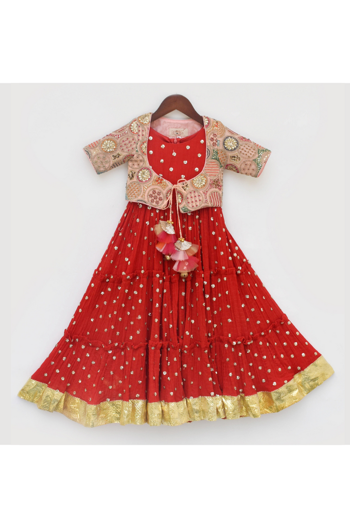 Red Crinkled Georgette Anarkali With Embroidered Jacket Set