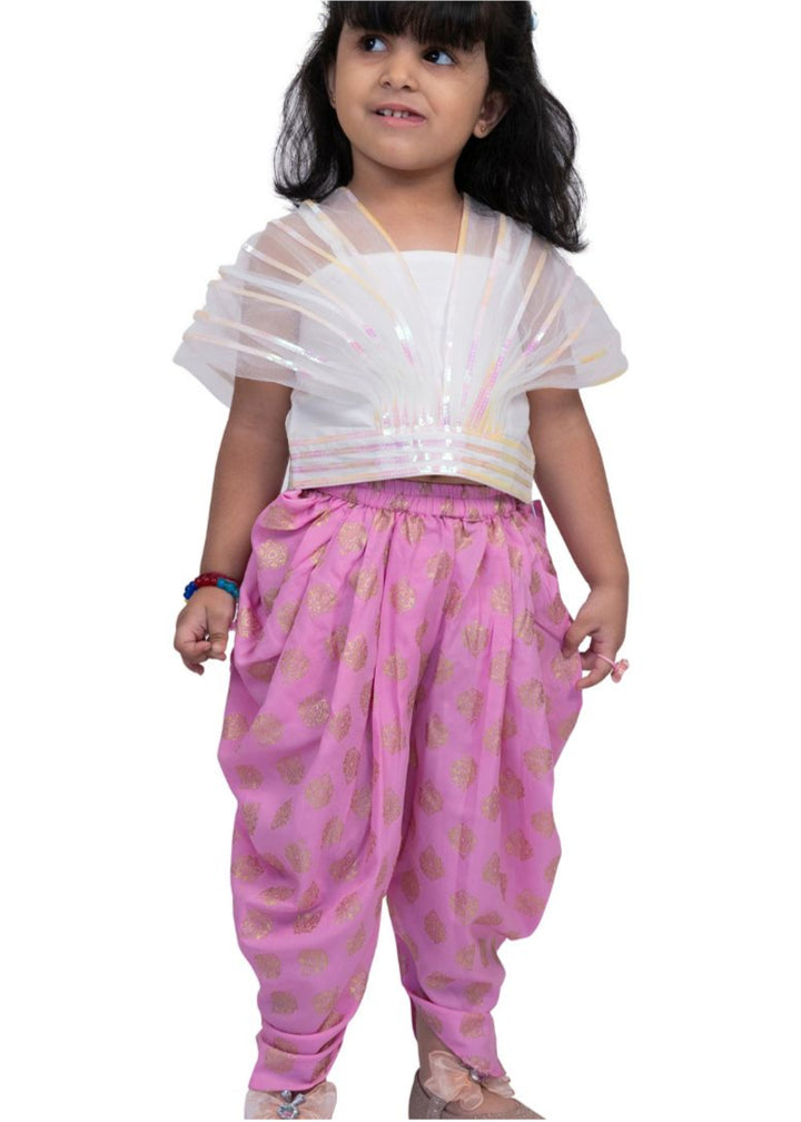 White & Peach Embellished Strappy Draped Top with Dhoti Set