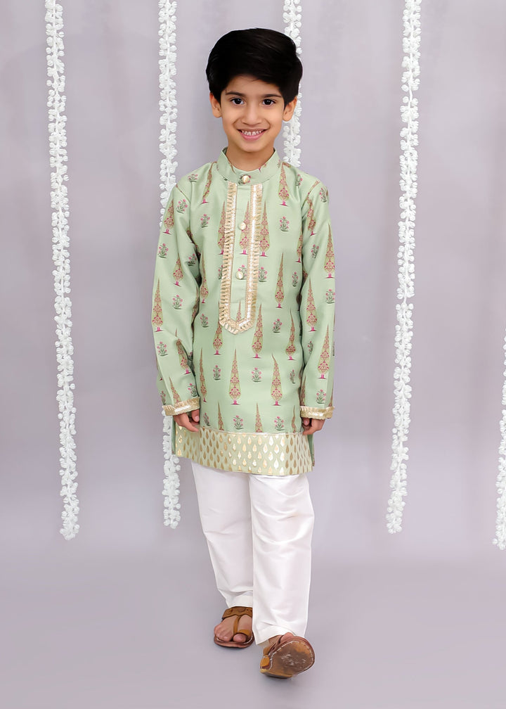 Mint Green Mugal Printed Kurta With Pyjama Set