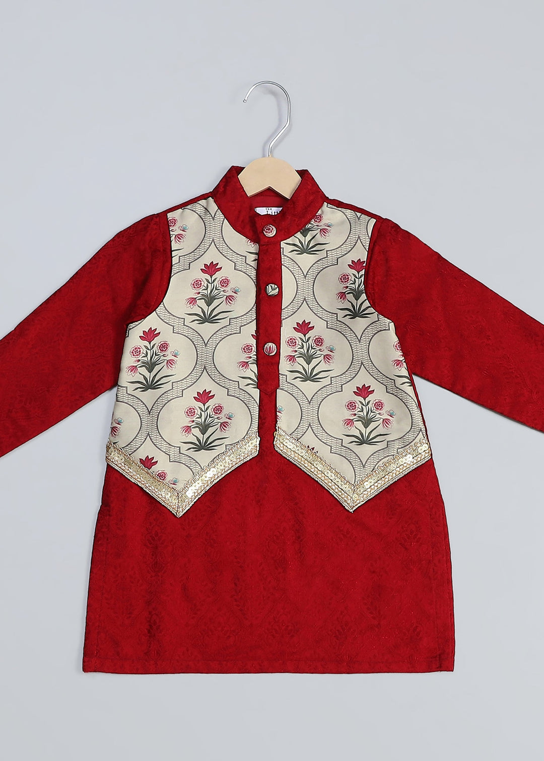 Maroon Mughal Printed Jacket Kurta With Pyjama Set