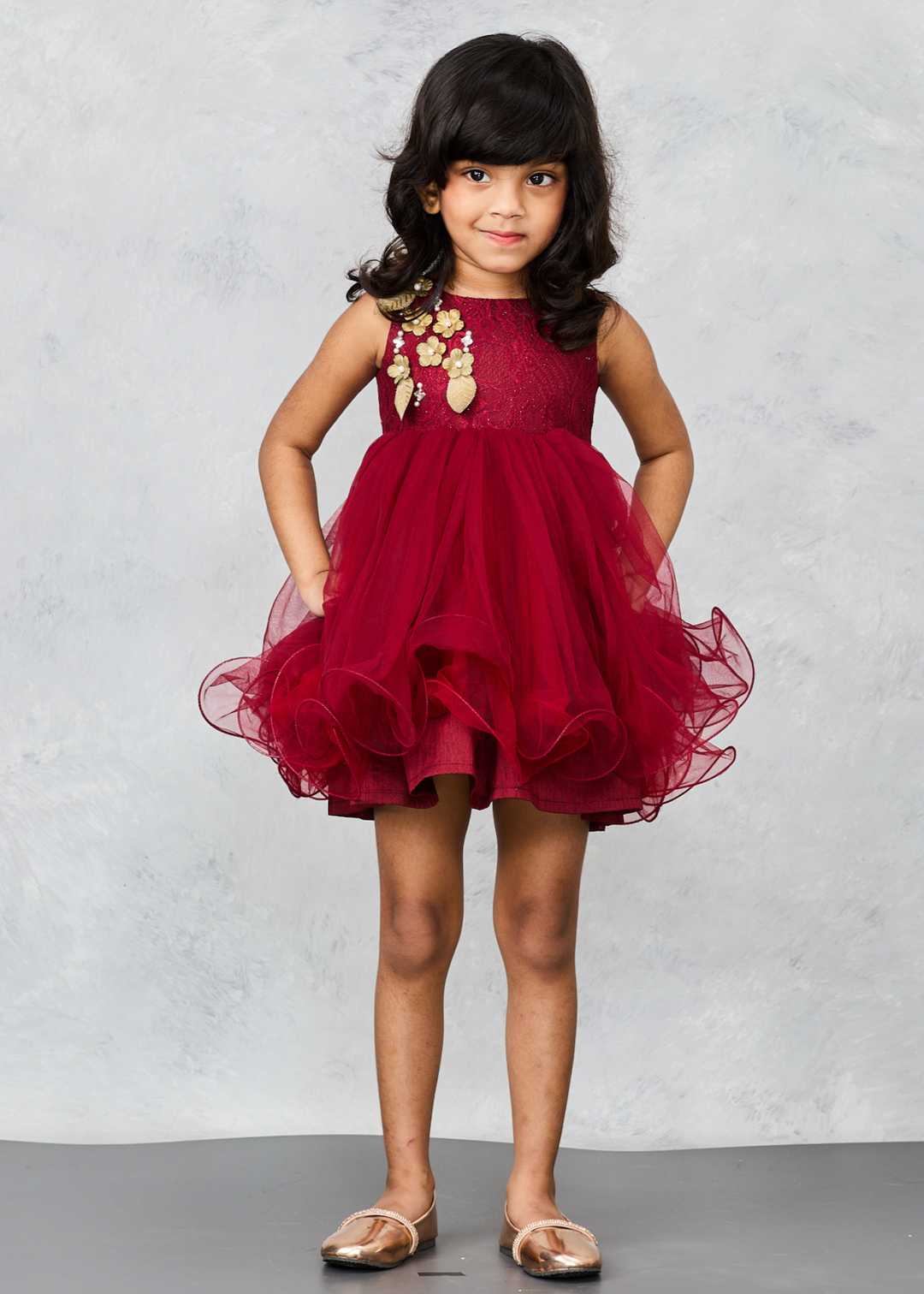 Maroon Vintage Style Floral Embellishments lace Dress