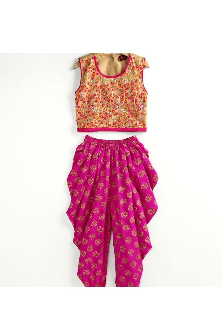 Beige Embroidered Top & Pink Foil Printed Dhoti Pant Set