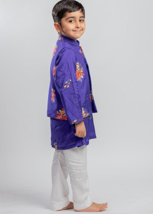 Purple Muslin Kurta And White Pyjama With Purple Floral Printed Jacket Set