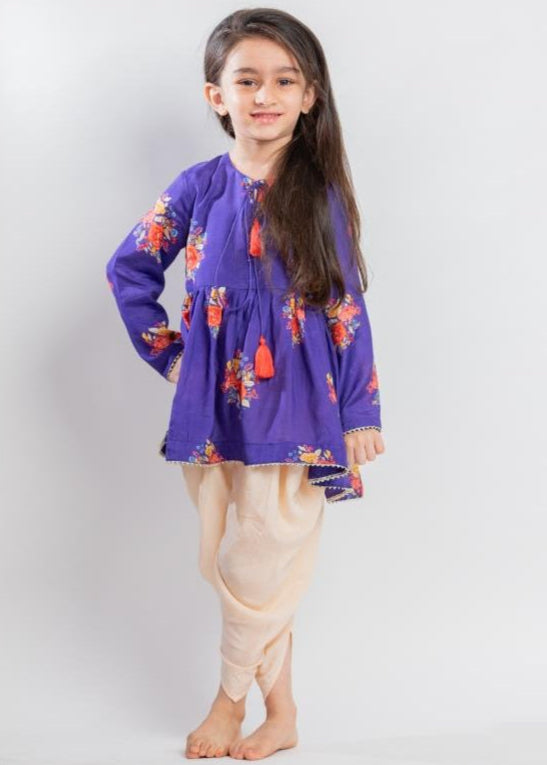 Purple Muslin Big Floral Printed Kurta With Pant Set