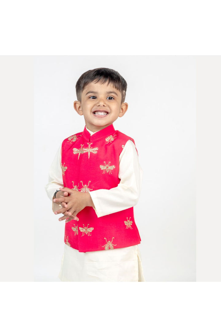 White Cotton Kurta With Hand Embroidered Dragonfly Jacket Set