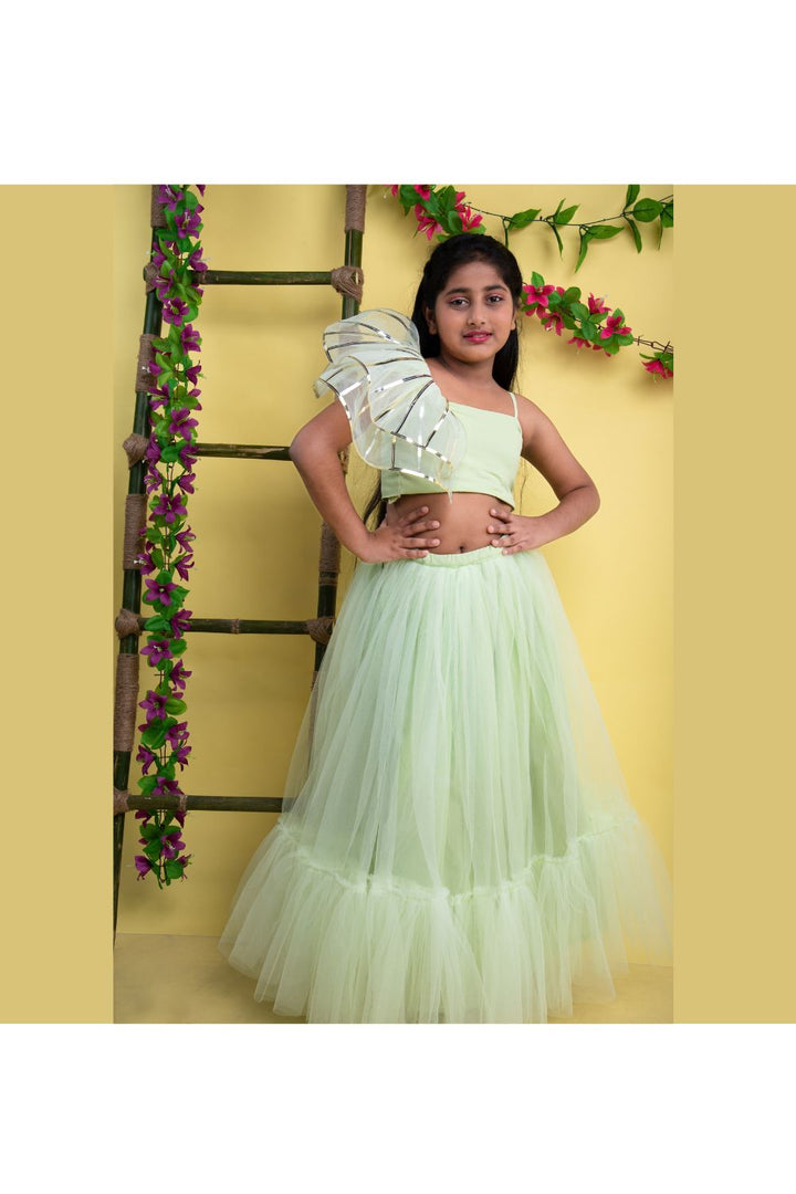 Sea Green Ruffle Sleeveless Top With Net Lehenga Set