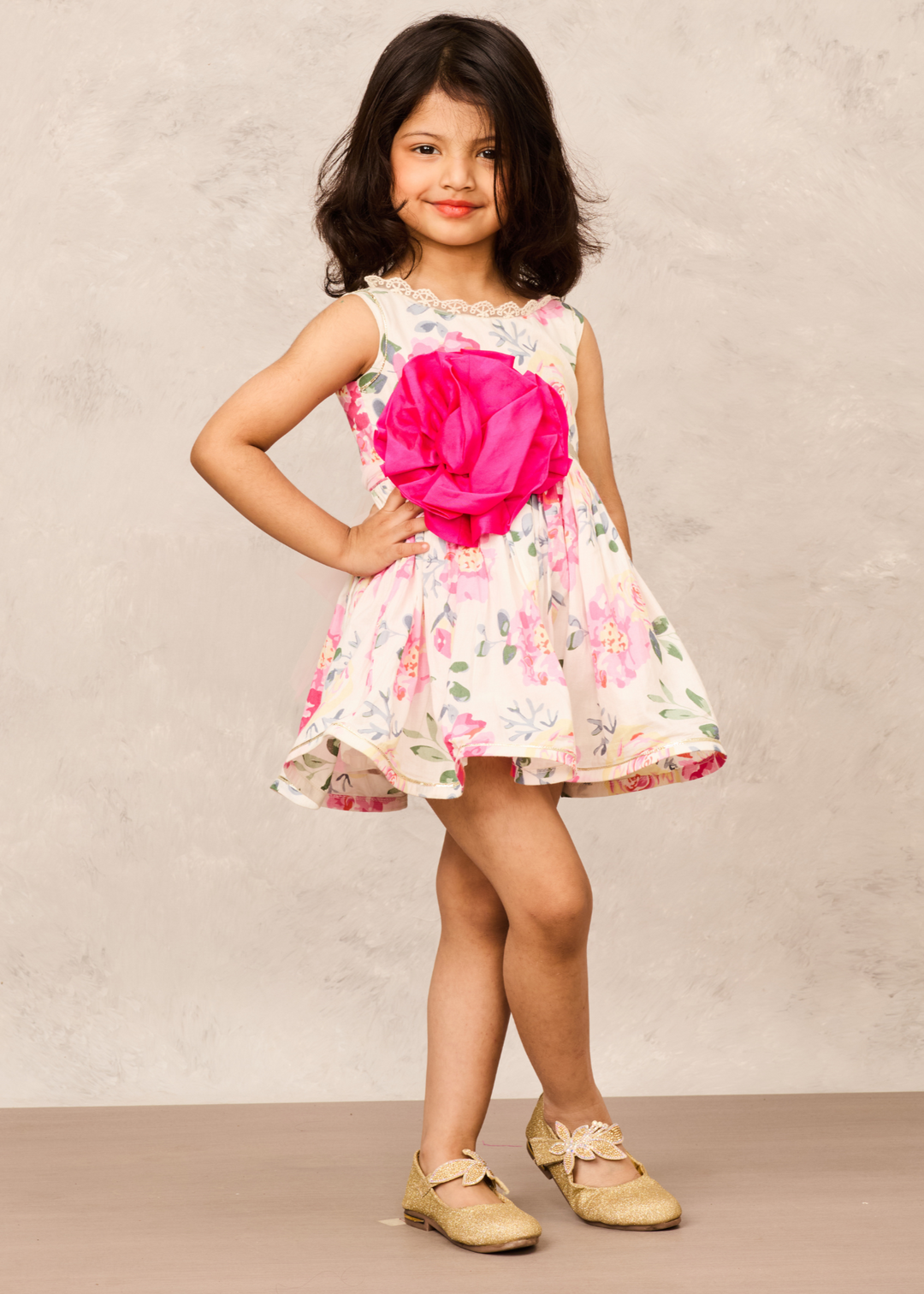 Pink Floral Printed Cotton With Big Pink Taffeta Flower Dress