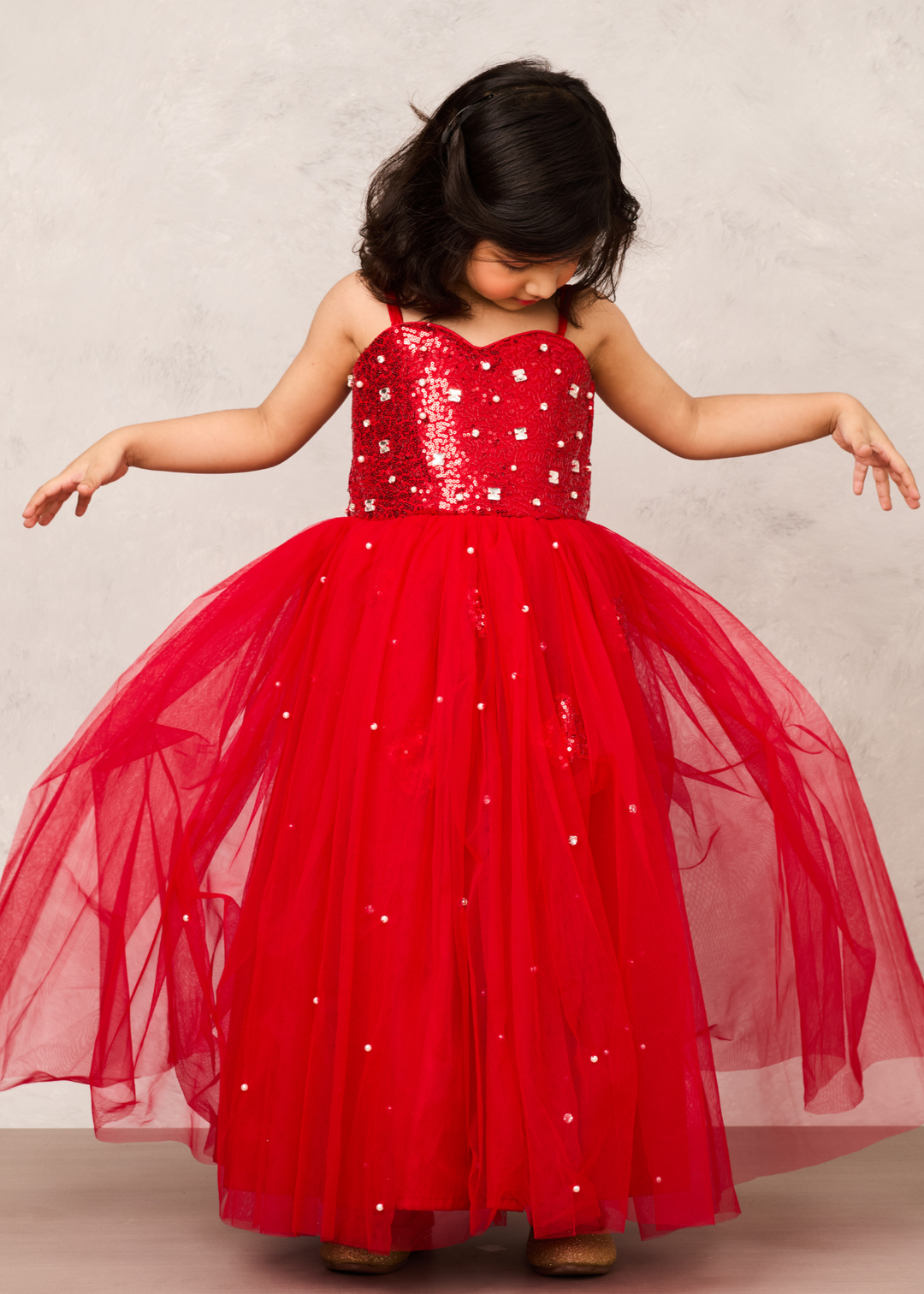 Red Elegant With Sequence Chest Detailing & Sequence Collar Net Shrug Dress