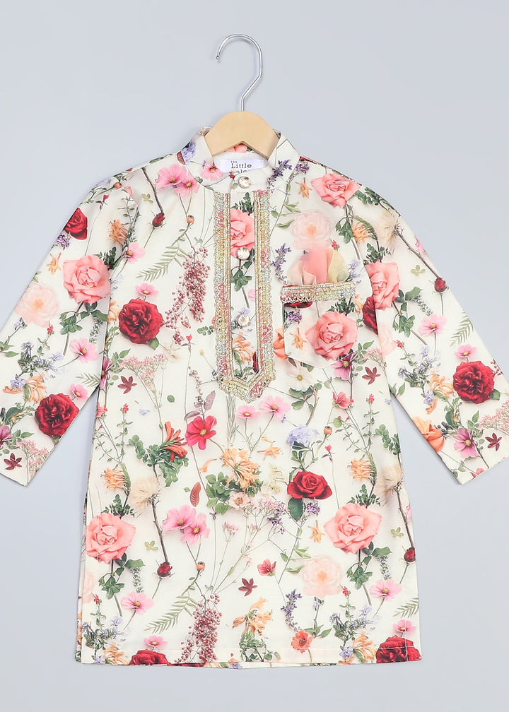 Multicolor Floral Printed Kurta With Off White Pyjama Set