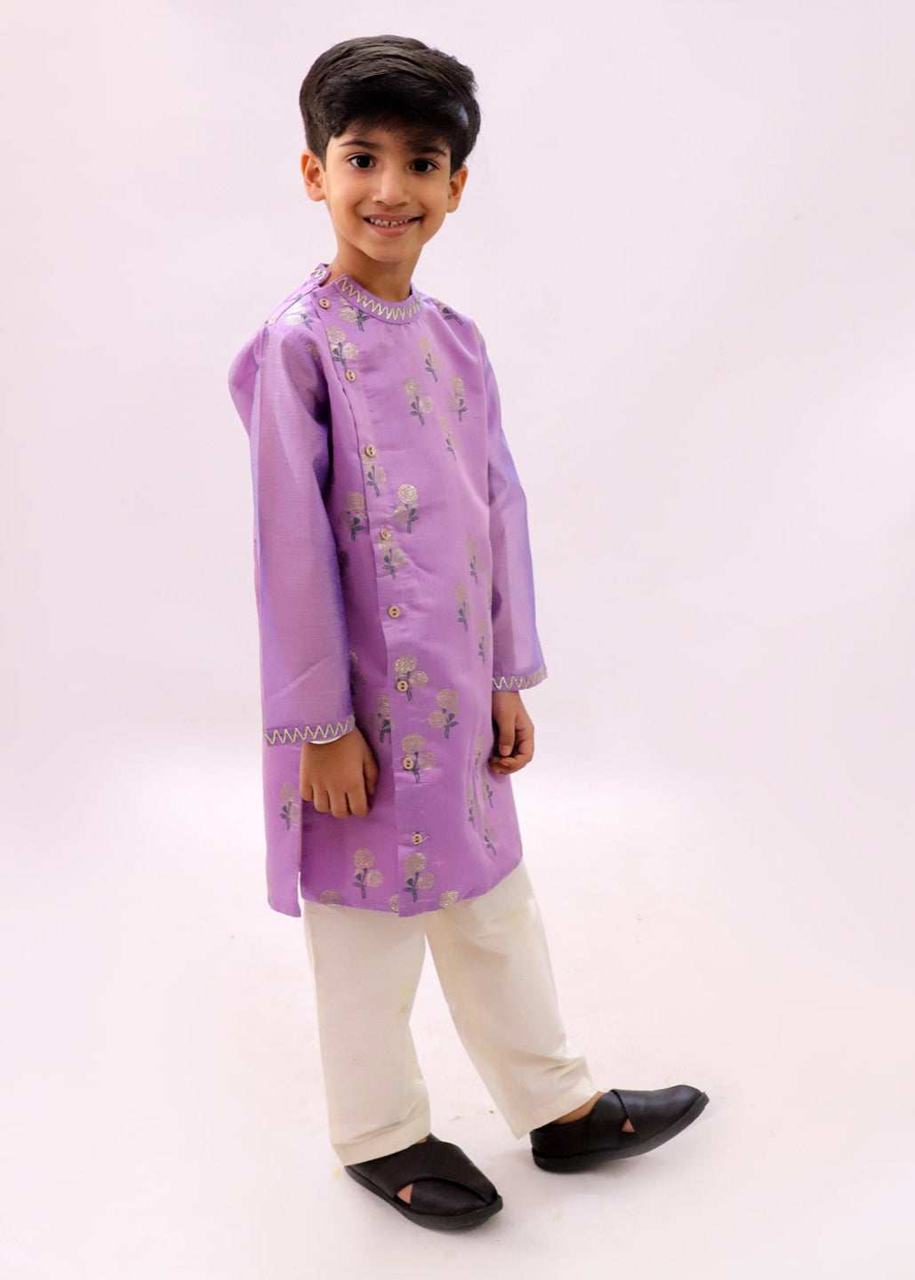 Mishti Purple Foil Printed Chanderi Kurta With Pyjama Set