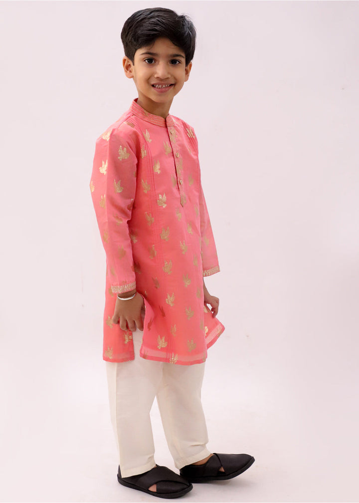 Mishti Peach Bird Printed Chanderi Kurta With Pyjama Set