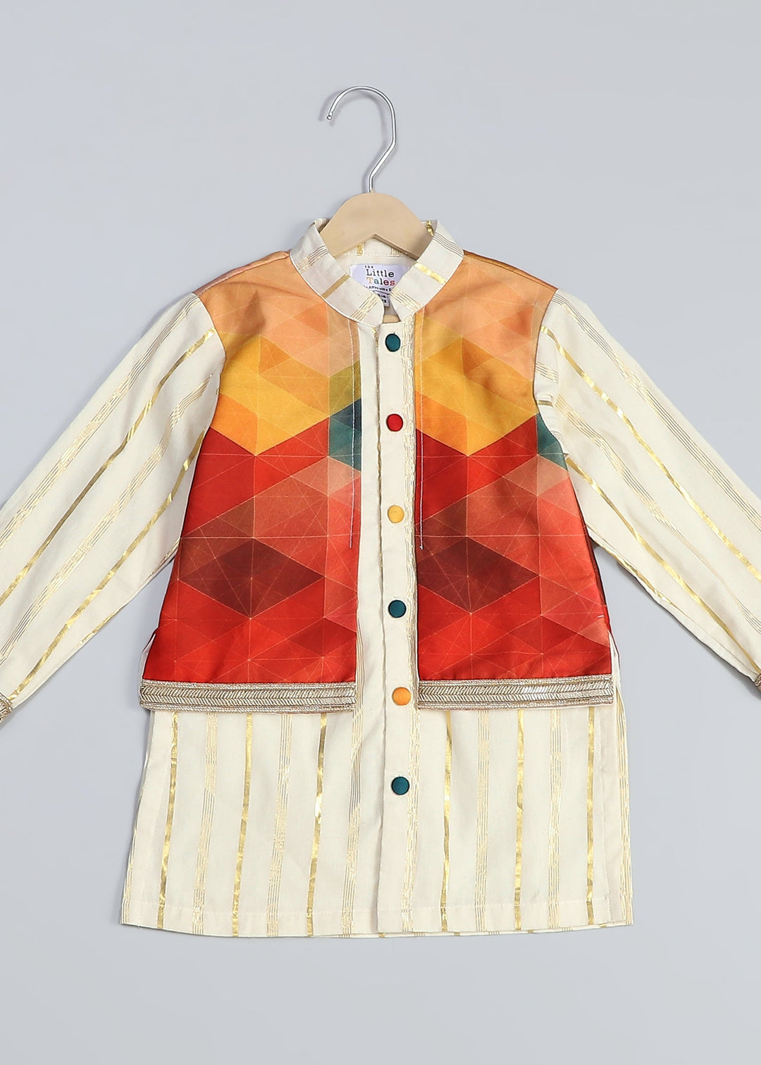 Off White Kurta With Multicolor Attached Jacket and Pyjama Set